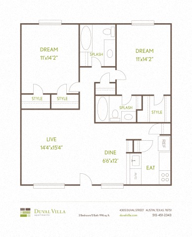 Floor plan for 2 beds, 2 baths, 996 sqft